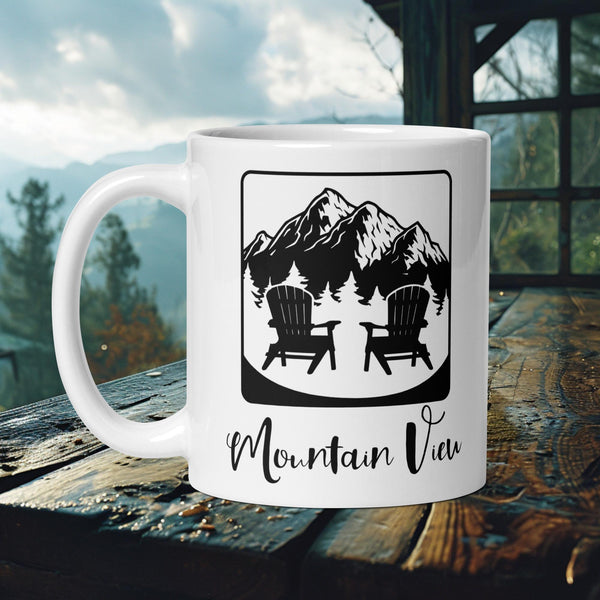 Finnish Lapphund Mug with "Mountain View" text and Adirondack chairs against mountains—ideal for dog lovers and nature fans. 

