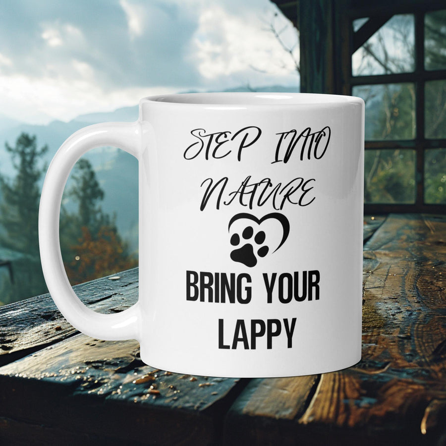 Finnish Lapphund Mug with "Step Into Nature, Bring Your Lappy" text and heart paw print—ideal for dog moms and nature lovers.  

