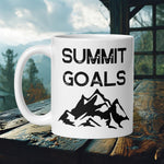 Finnish Lapphund Mug with "Summit Goals" text and mountain range—ideal for dog lovers and goal setters.  

