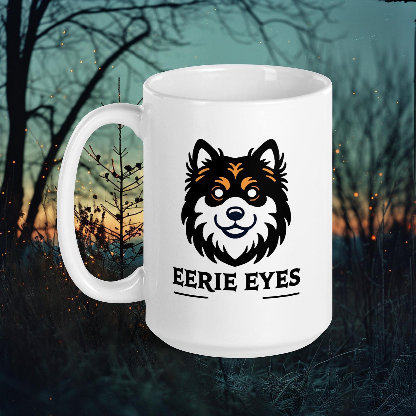 Eerie Eyes Mug – Finnish Lapphund with Spooky Glow-Inspired Design