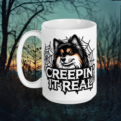 Creepin' It Real Mug – Finnish Lapphund with Webbed Halloween Design