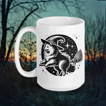 Lapphund Witch Ride Mug – Finnish Lapphund Flying on a Broomstick Design