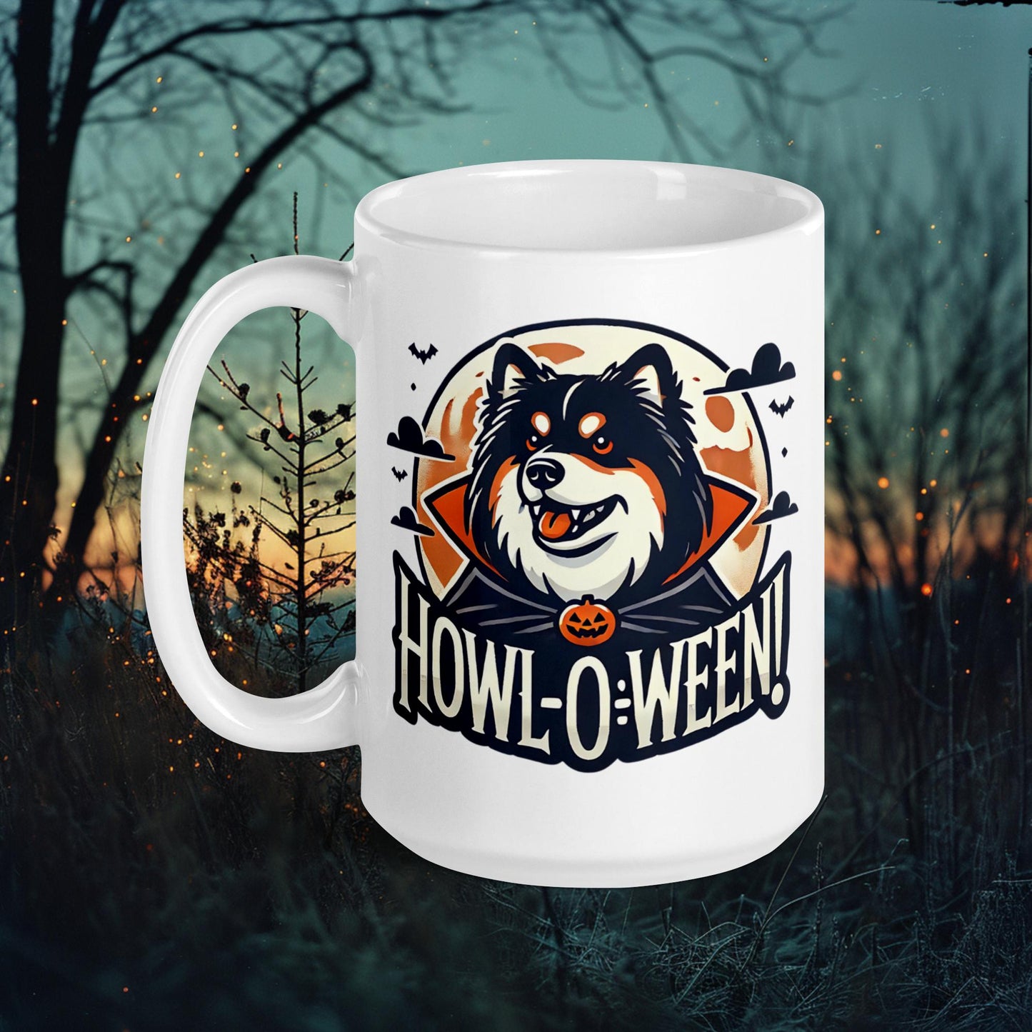 Howl-O-Ween Mug – Finnish Lapphund Halloween Design with Full Moon