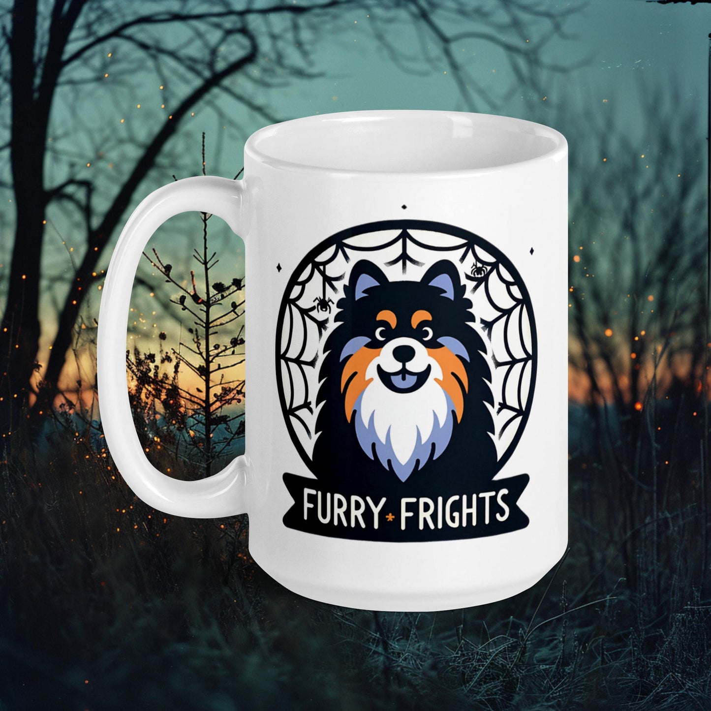 Furry Frights Mug – Finnish Lapphund in Spooky Web Halloween Design