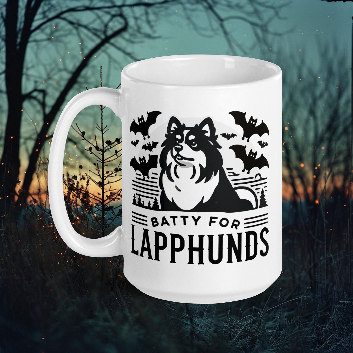 Batty for Lapphunds Mug – Finnish Lapphund Bat Halloween Design