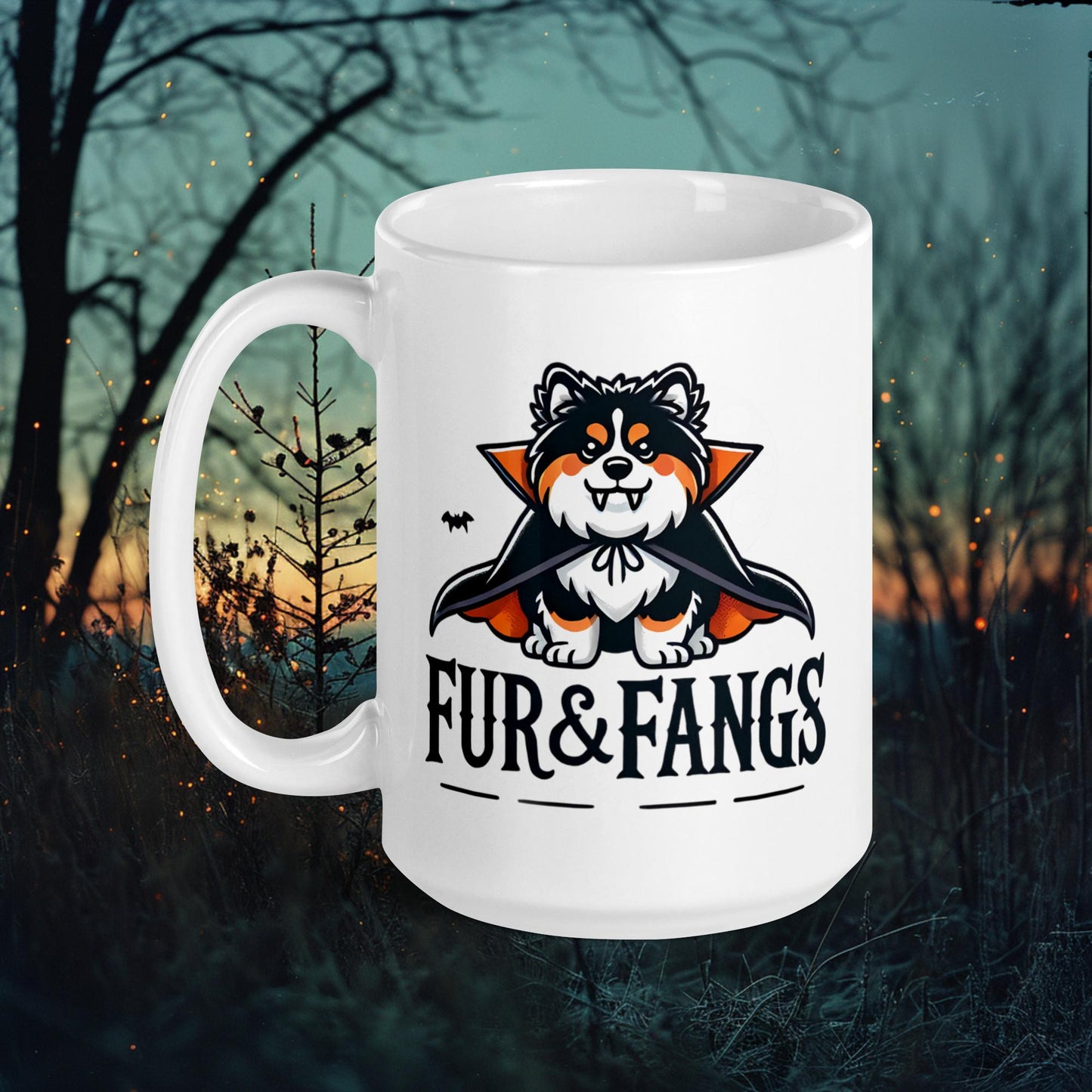 Fur & Fangs Mug – Finnish Lapphund Vampire Halloween Design