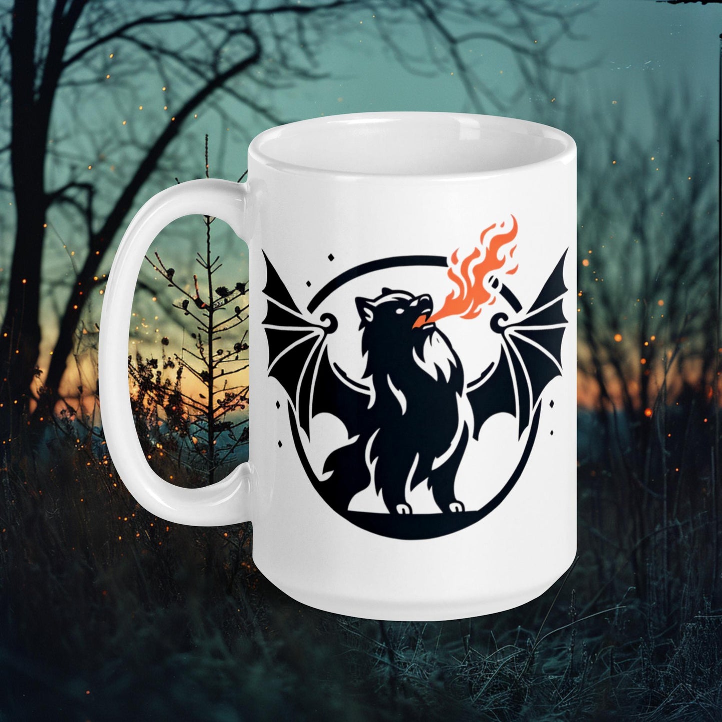 Dragon Lapphund Mug – Finnish Lapphund with Fire-Breathing Halloween Design