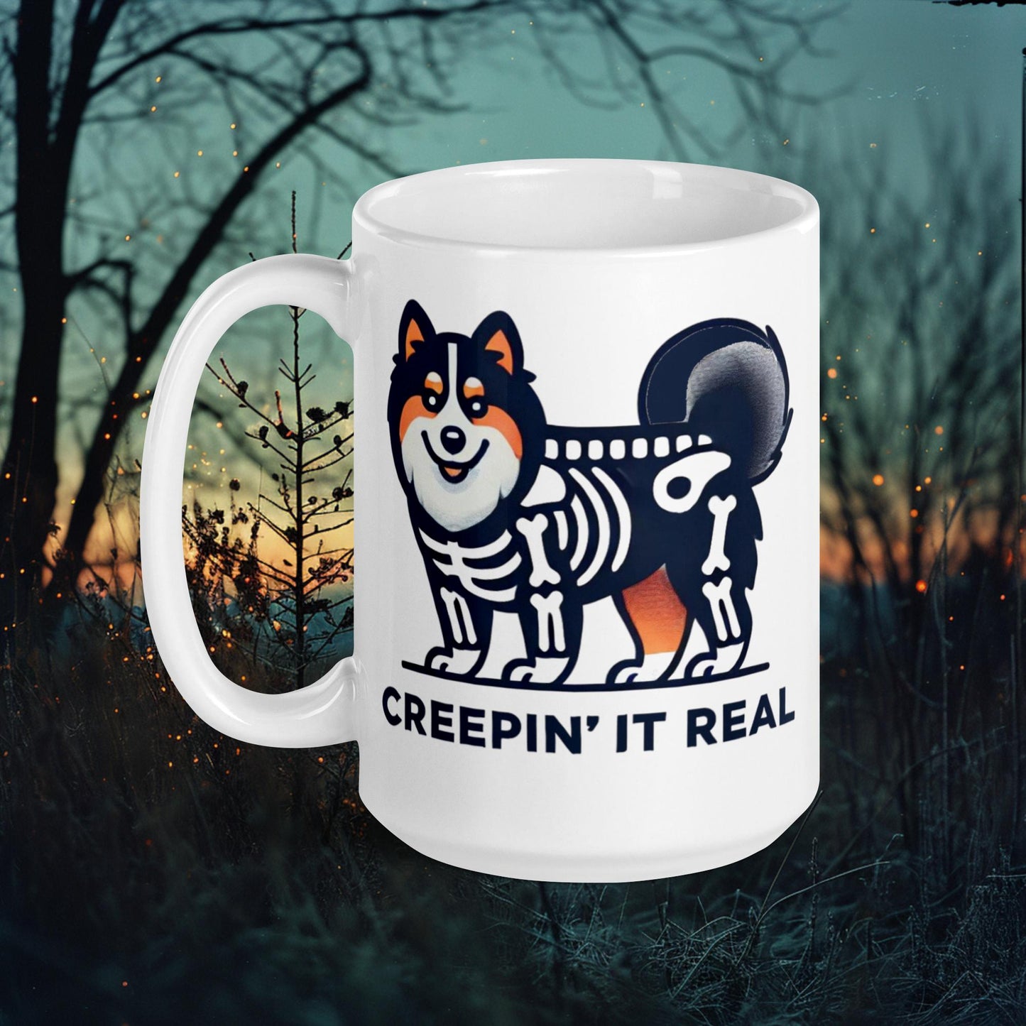 Creepin' It Real Mug – Finnish Lapphund Skeleton Halloween Design