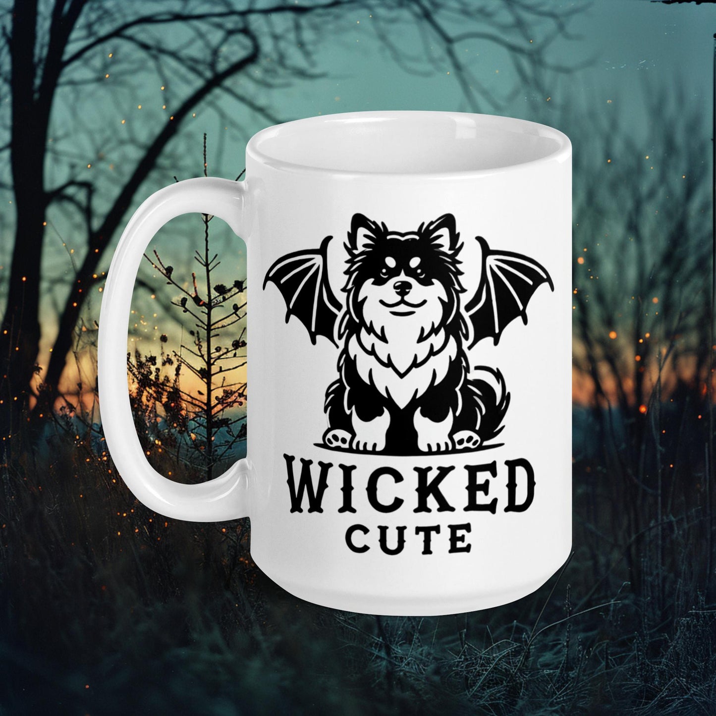 Wicked Cute Mug – Finnish Lapphund with Bat Wings Halloween Design