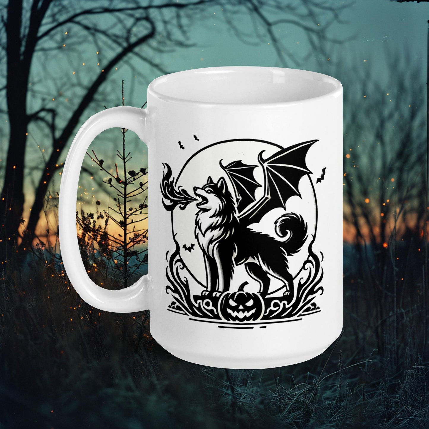 Fire-Breathing Dragon Lappy Mug – Finnish Lapphund Halloween Fantasy Design