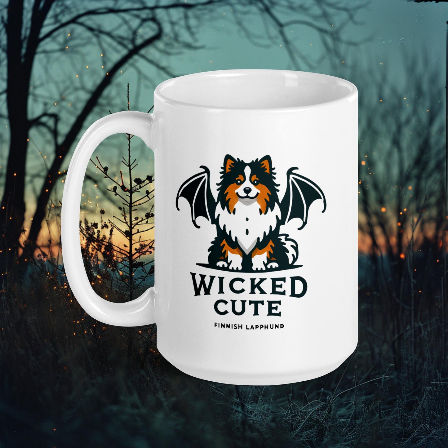 Wicked Cute Mug – Finnish Lapphund Halloween Bat Wings Design