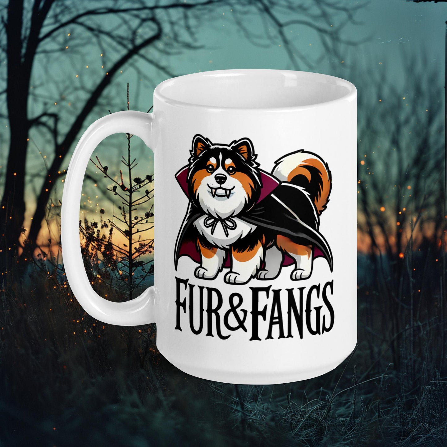 Fur & Fangs Mug – Finnish Lapphund Halloween Vampire Design