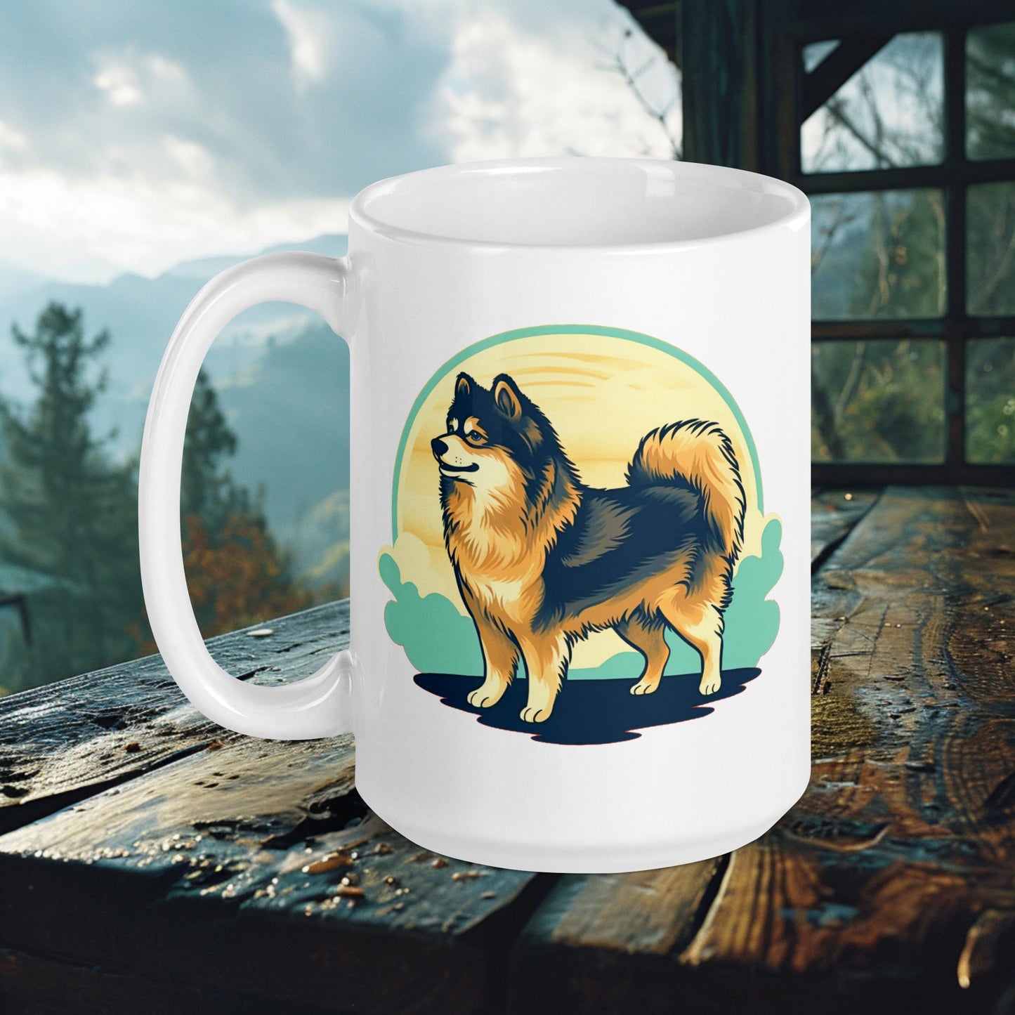 Finnish Lapphund Mug – Proud Lappie in Retro-Inspired Nature Scene