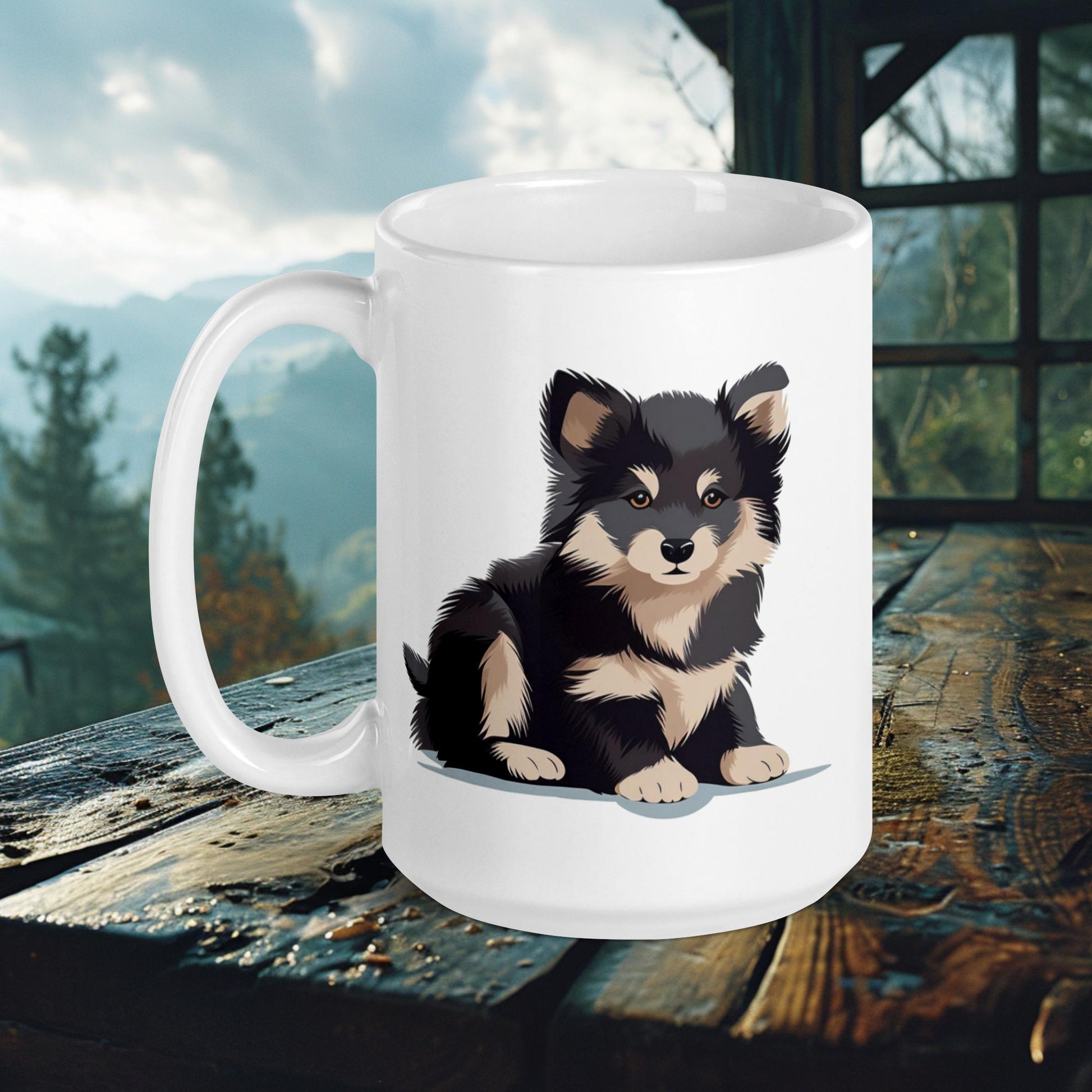 Ceramic mug featuring an adorable hand-drawn Finnish Lapphund puppy, perfect for dog lovers and puppy enthusiasts.