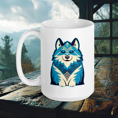 Finnish Lapphund Mug – Vibrant Blue Lappie in Tribal Geometric Art