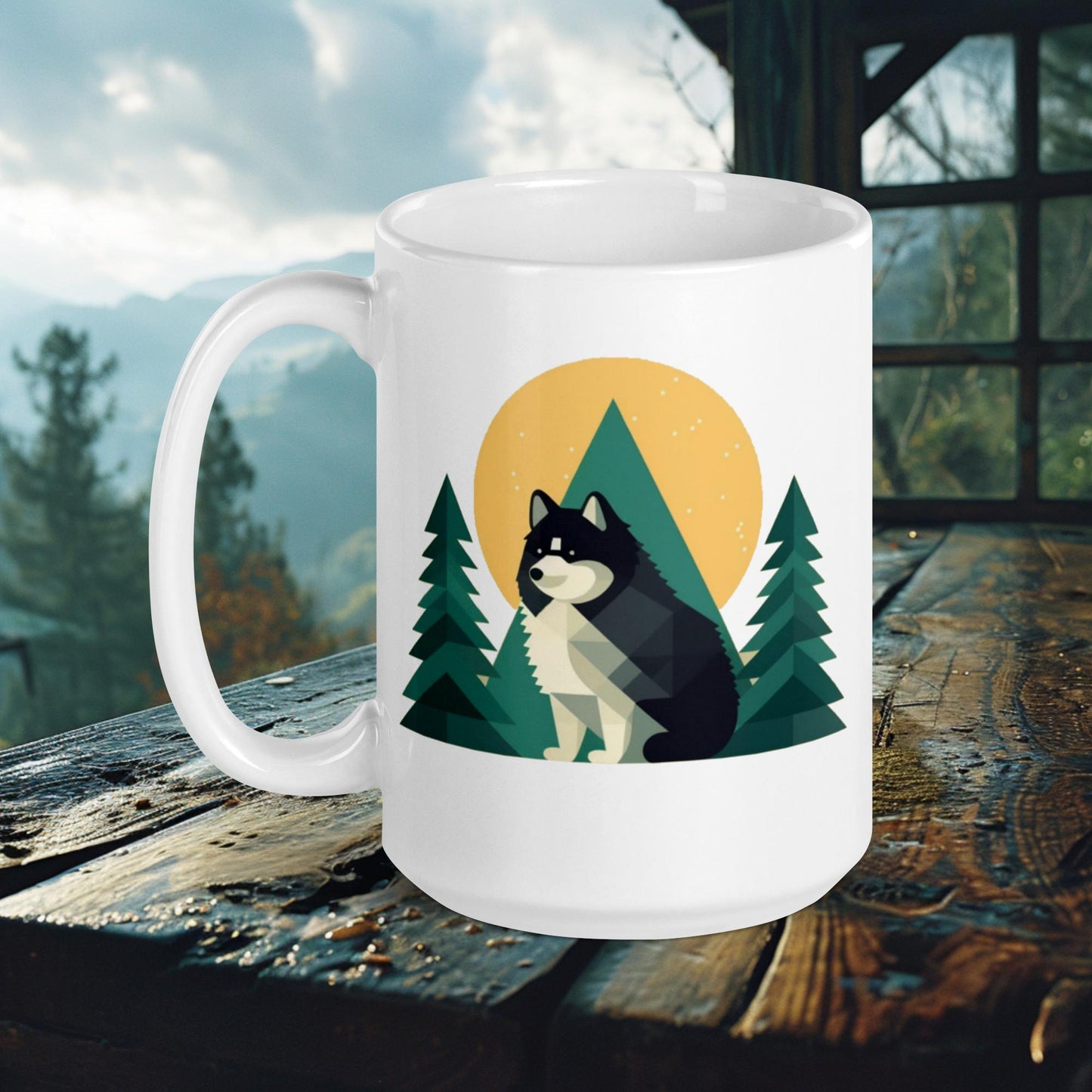 Finnish Lapphund Mug – Geometric Forest Art with Mountain Sunset