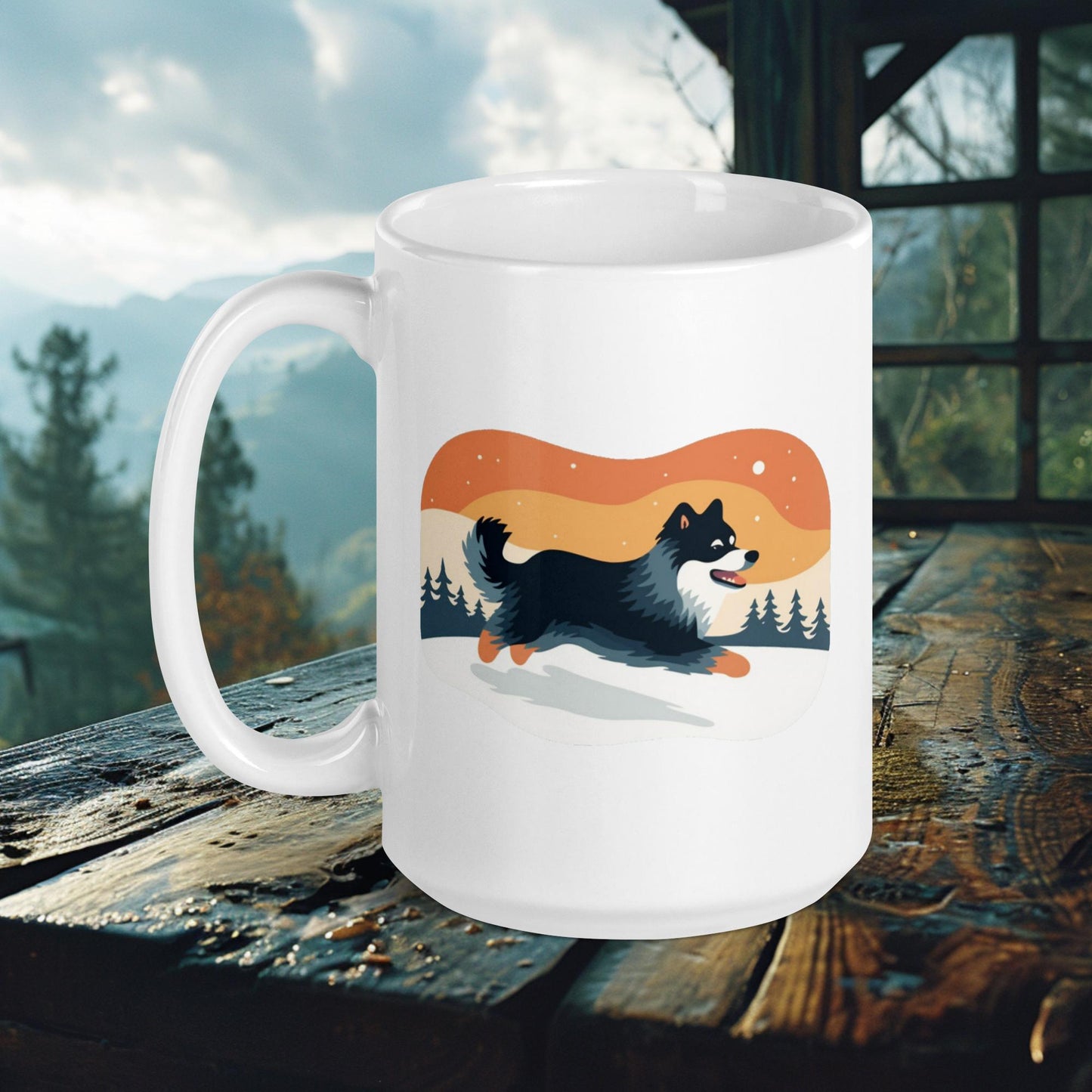 Finnish Lapphund Mug – Playful Winter Adventure in Retro Sunset Art