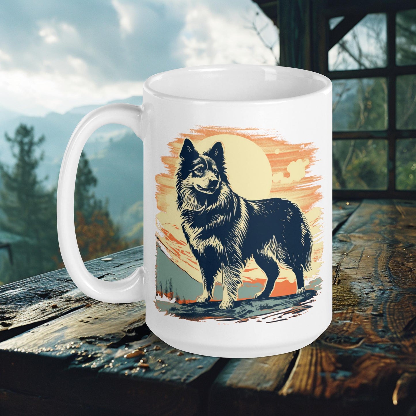 Finnish Lapphund Mug – Vintage Wilderness Art with Sunset Backdrop