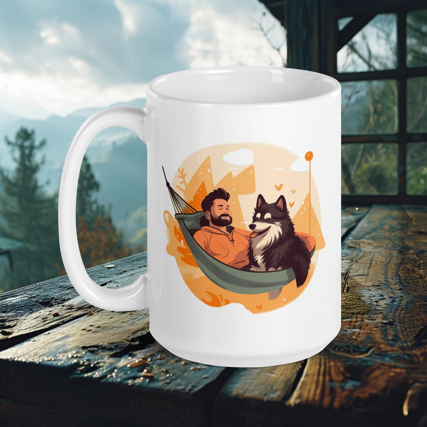 Finnish Lapphund Mug – Cozy Hammock Moments with Lappie & Friend