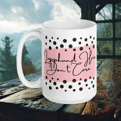 Finnish Lapphund Mug – 'Lapphund Hair Don't Care' with Pink & Polka Dots