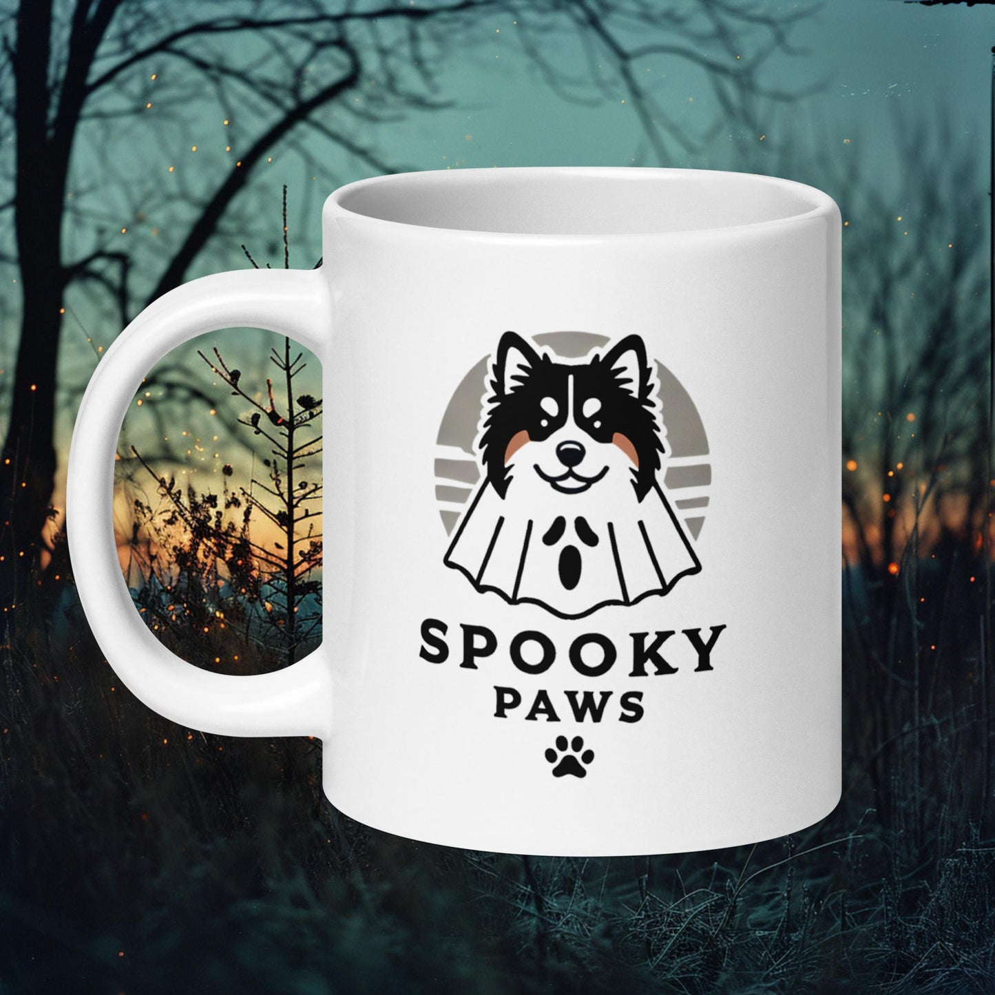 Mug featuring a Finnish Lapphund in a vampire costume with the text 'Spooky Paws,' perfect for Halloween and dog enthusiasts.