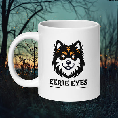 Mug featuring a Finnish Lapphund with glowing, eerie eyes and the text 'Eerie Eyes,' perfect for Halloween and dog enthusiasts.