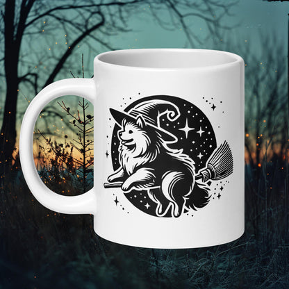 Mug featuring a Finnish Lapphund flying on a broomstick against a starry sky, perfect for Halloween and dog enthusiasts.