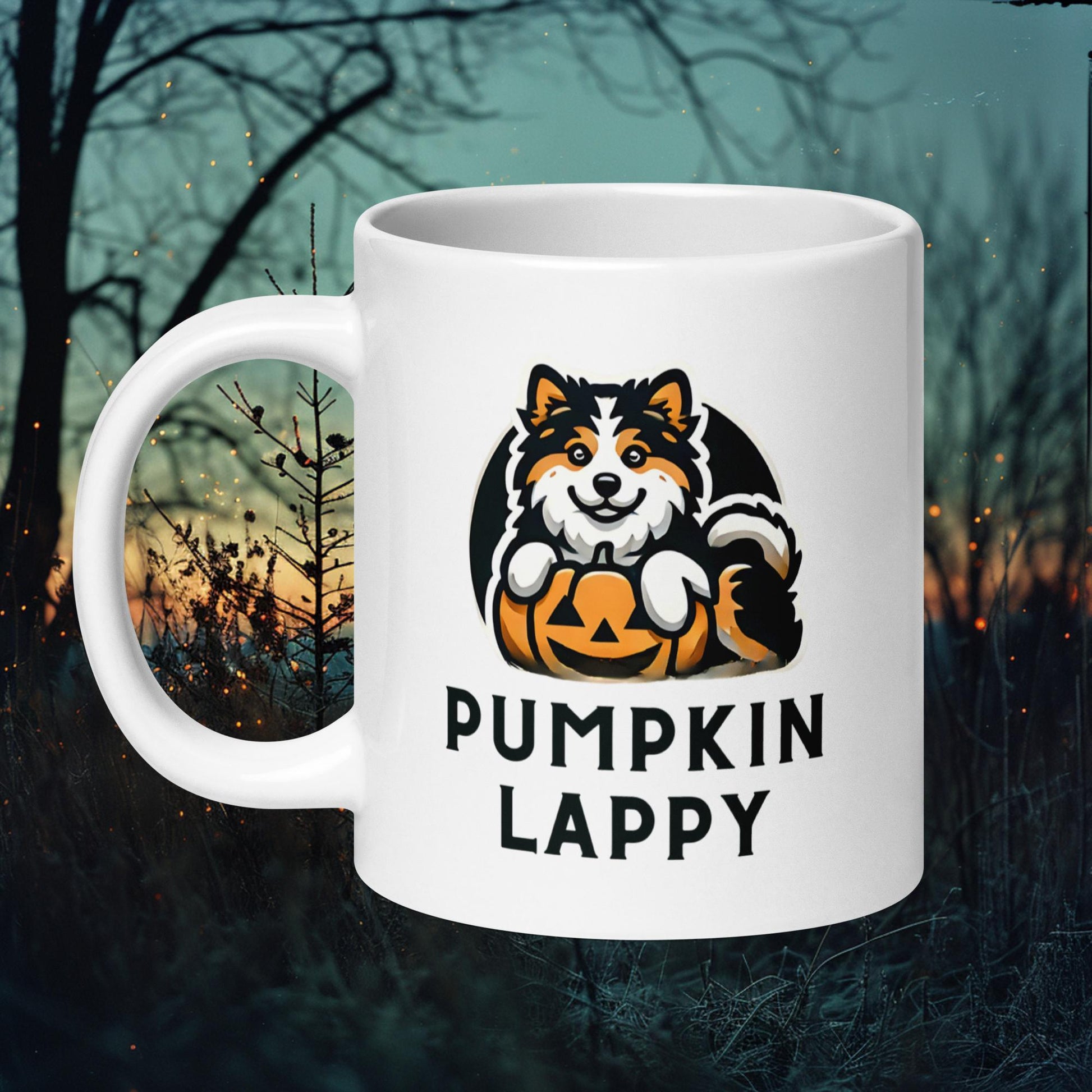 Mug featuring a Finnish Lapphund sitting inside a carved pumpkin with the text 'Pumpkin Lappy,' perfect for Halloween and dog enthusiasts.