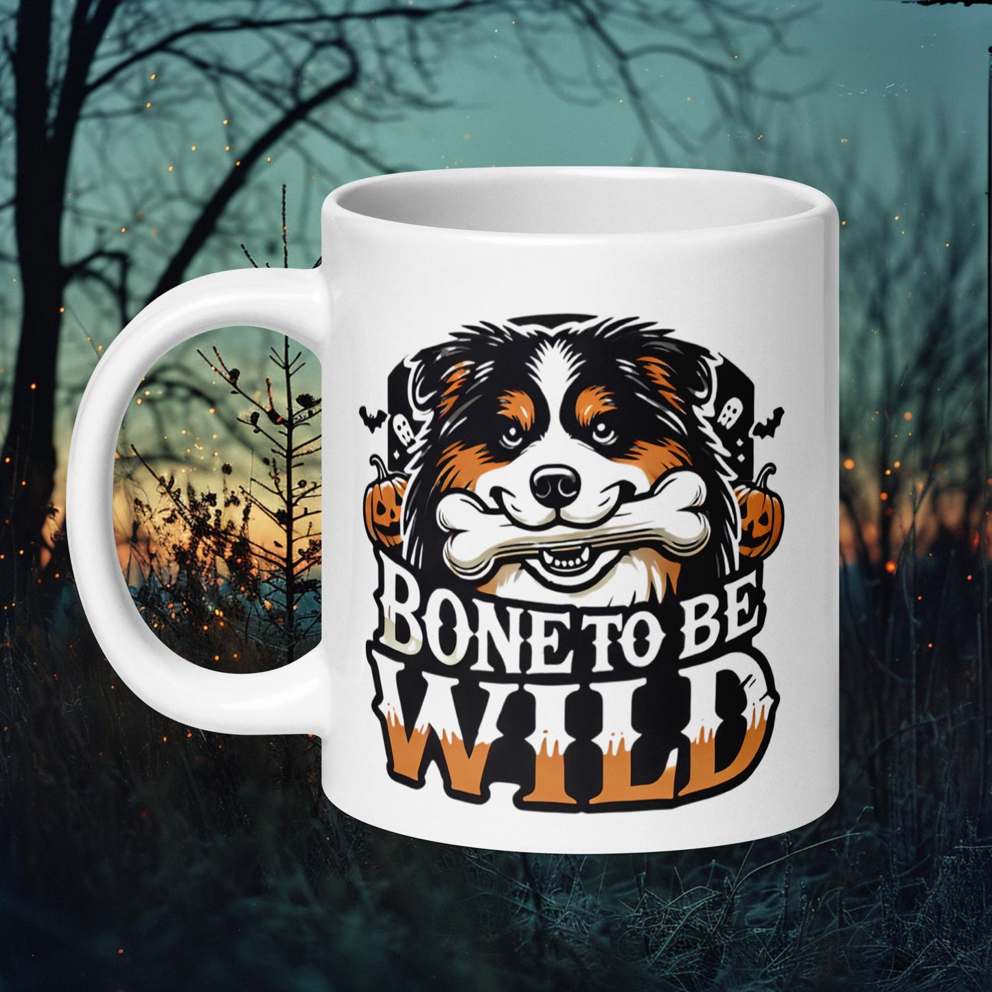 Mug featuring a Finnish Lapphund holding a bone with the text 'Bone to Be Wild,' perfect for Halloween and dog enthusiasts.