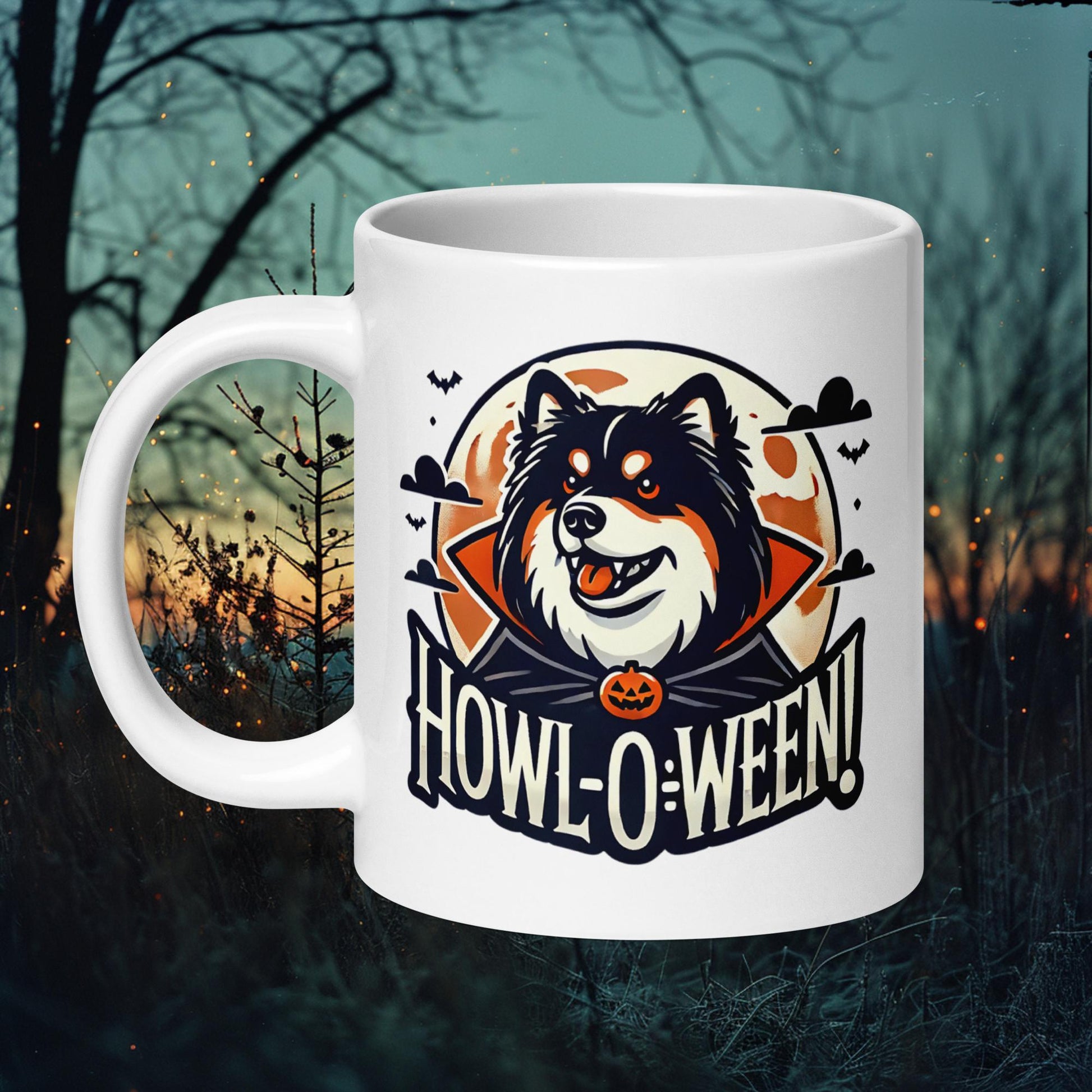 White ceramic mug featuring a Finnish Lapphund howling at the full moon with the text 'Howl-O-Ween,' perfect for Halloween enthusiasts.