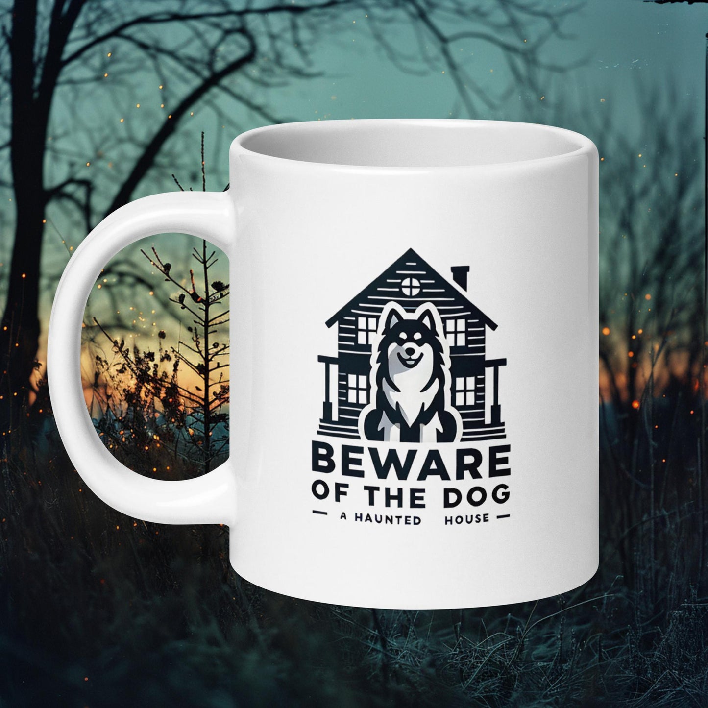 White ceramic mug featuring a Finnish Lapphund in front of a haunted house with the text 'Beware of the Dog,' perfect for Halloween lovers.