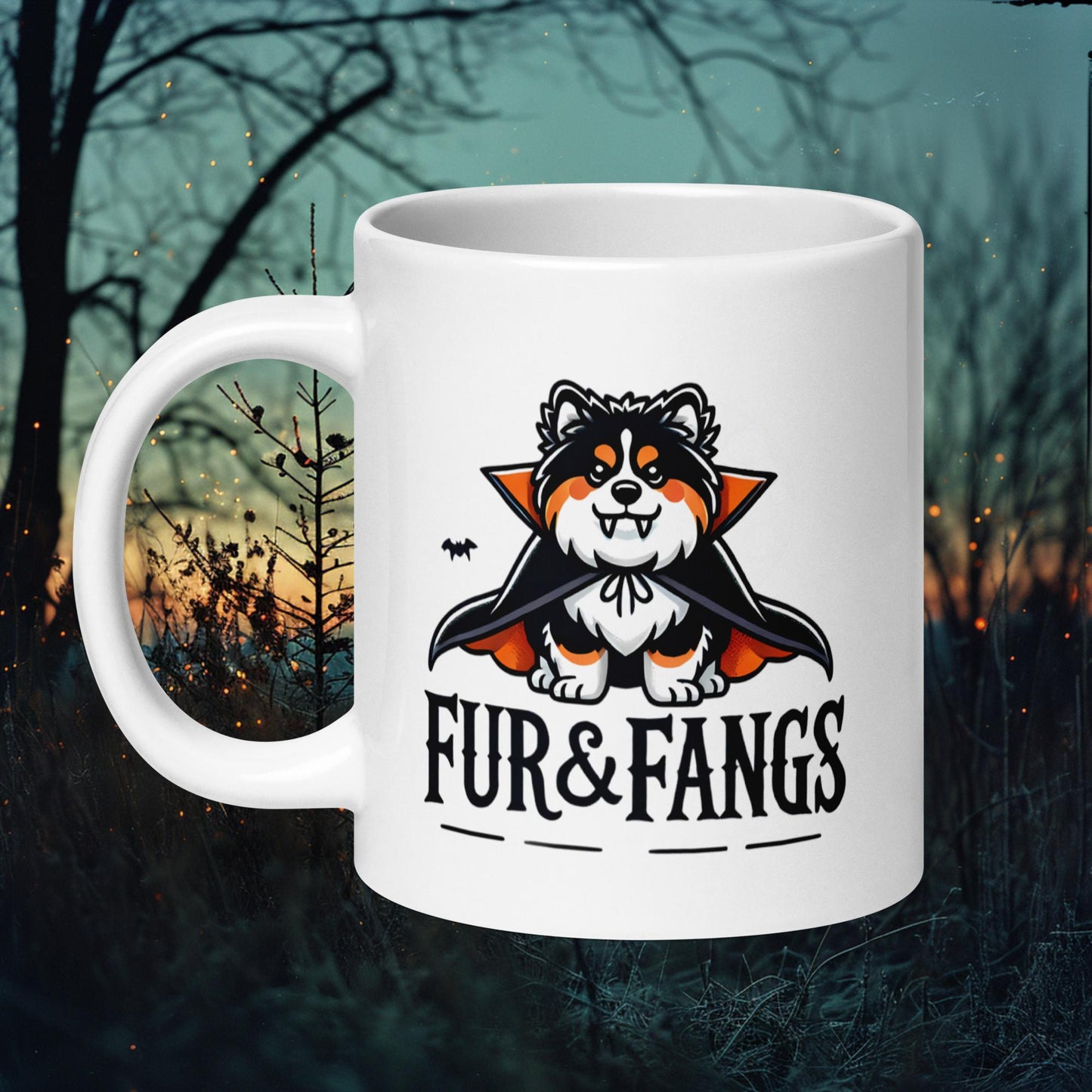 White ceramic mug featuring a Finnish Lapphund dressed as a vampire with the text 'Fur & Fangs,' perfect for Halloween enthusiasts.