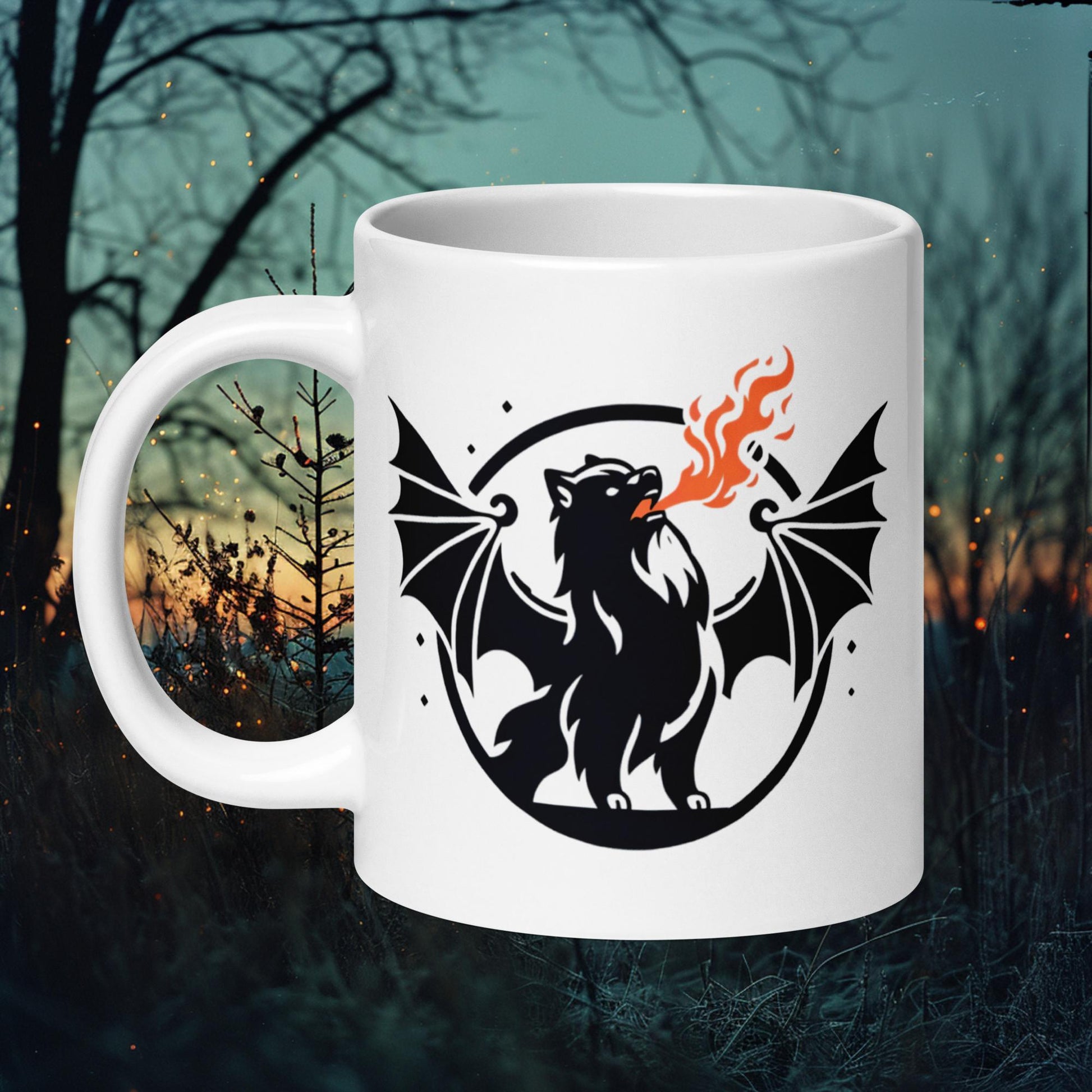 White ceramic mug featuring a Finnish Lapphund with dragon wings, breathing fire, perfect for Halloween and fantasy enthusiasts.