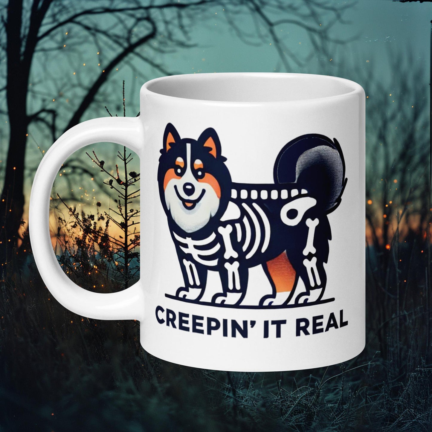 White ceramic mug featuring a Finnish Lapphund in a skeleton costume with the text 'Creepin' It Real,' perfect for Halloween enthusiasts.