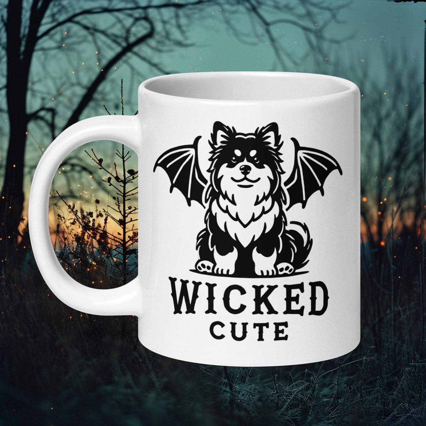 White ceramic mug featuring a Finnish Lapphund with bat wings and the text 'Wicked Cute,' perfect for Halloween and dog enthusiasts.