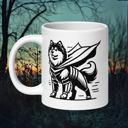 White ceramic mug featuring a Finnish Lapphund in a superhero costume, perfect for Halloween and Lapphund lovers.