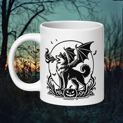 White ceramic mug featuring a Finnish Lapphund transformed into a fire-breathing dragon, perfect for Halloween and fantasy lovers.