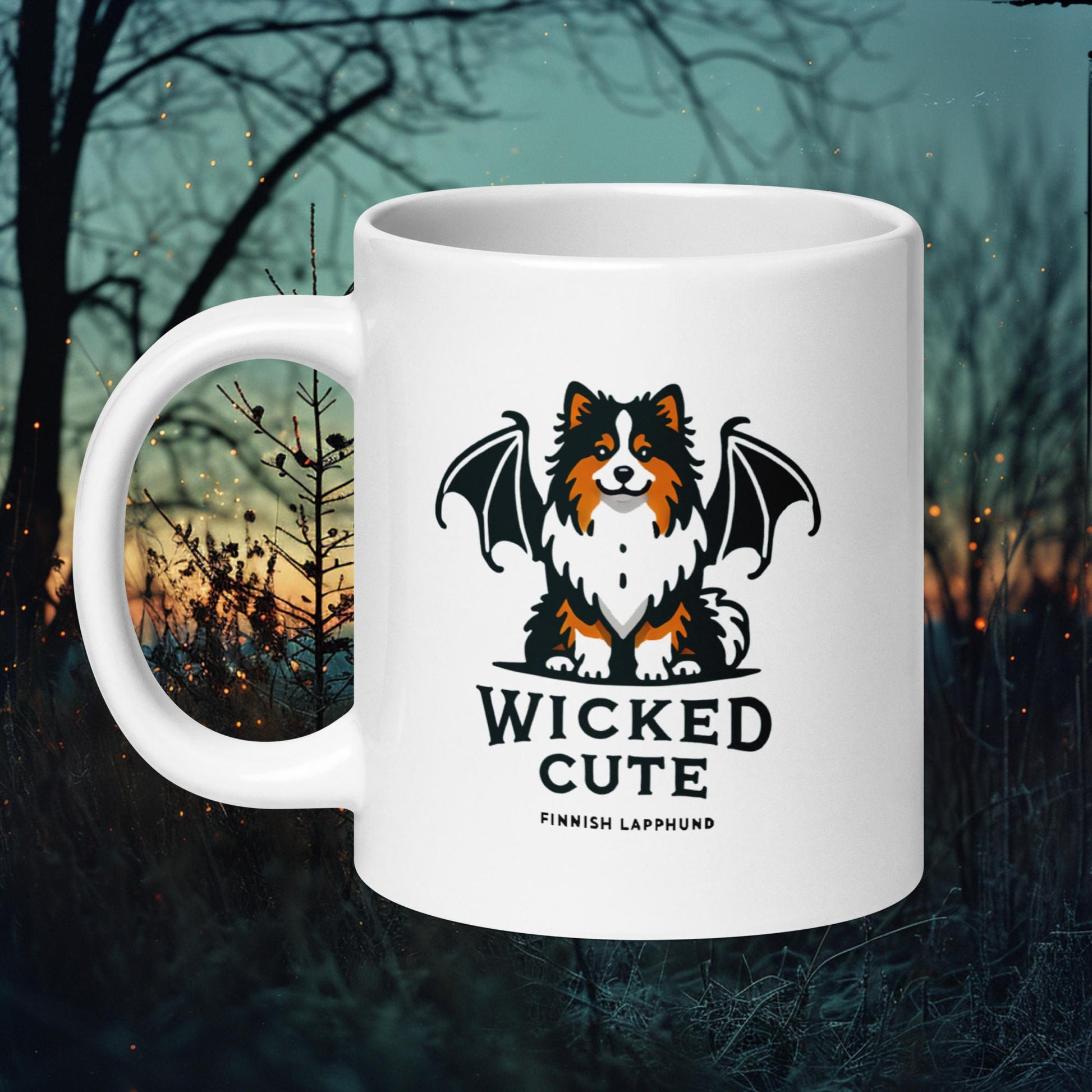 White ceramic mug featuring a Finnish Lapphund with bat wings and the text 'Wicked Cute,' perfect for Halloween and dog lovers.