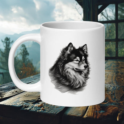 White ceramic mug featuring a detailed black and white portrait of a Finnish Lapphund, perfect for Lapphund enthusiasts and dog lovers.