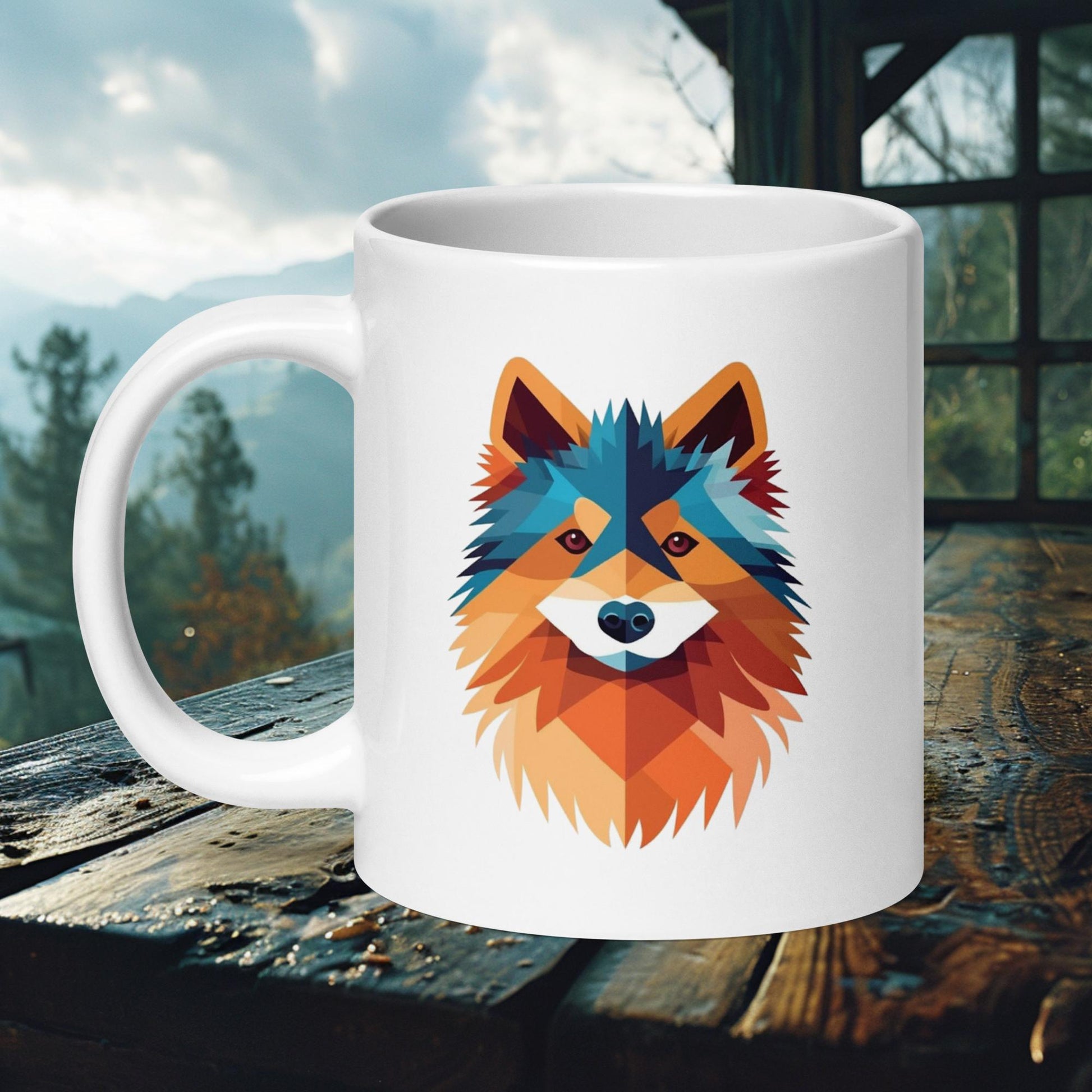 White ceramic mug featuring a colorful geometric illustration of a Finnish Lapphund, perfect for art-loving Lapphund enthusiasts.