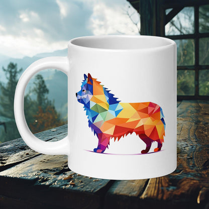 Colorful geometric Finnish Lapphund mug, featuring a bold, modern design, perfect for dog lovers and art enthusiasts.