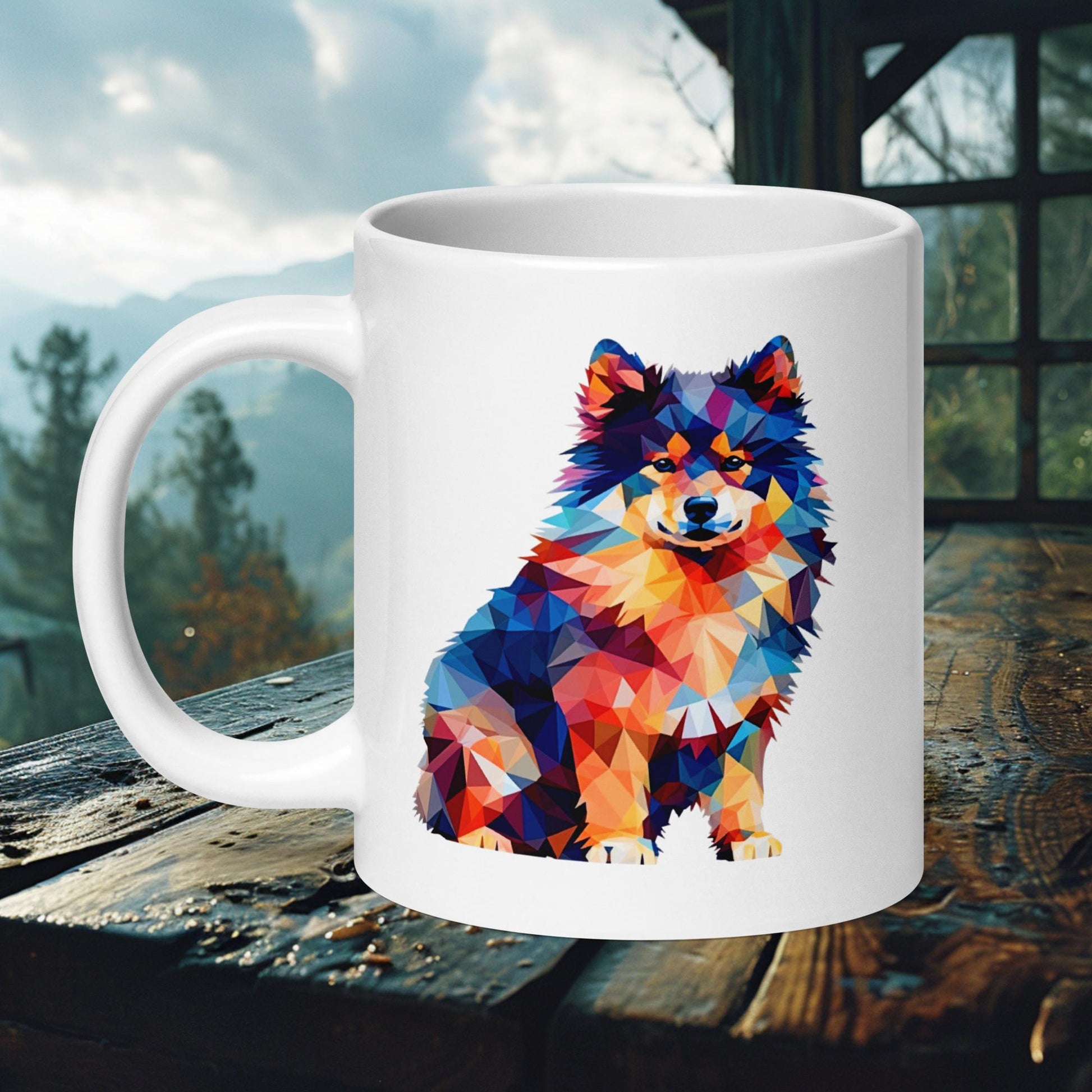 Geometric Lapphund mug with a vibrant, colorful abstract design, ideal for modern dog lovers and art enthusiasts.