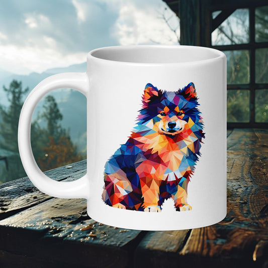 Geometric Lapphund mug with a vibrant, colorful abstract design, ideal for modern dog lovers and art enthusiasts.