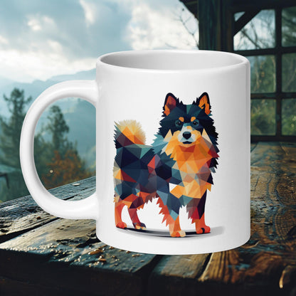 Geometric Lapphund mug featuring a bold, colorful abstract design, ideal for modern dog lovers and art enthusiasts.