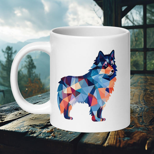 Geometric Lapphund mug with a vibrant abstract design, ideal for adding a pop of color to your daily coffee or tea.