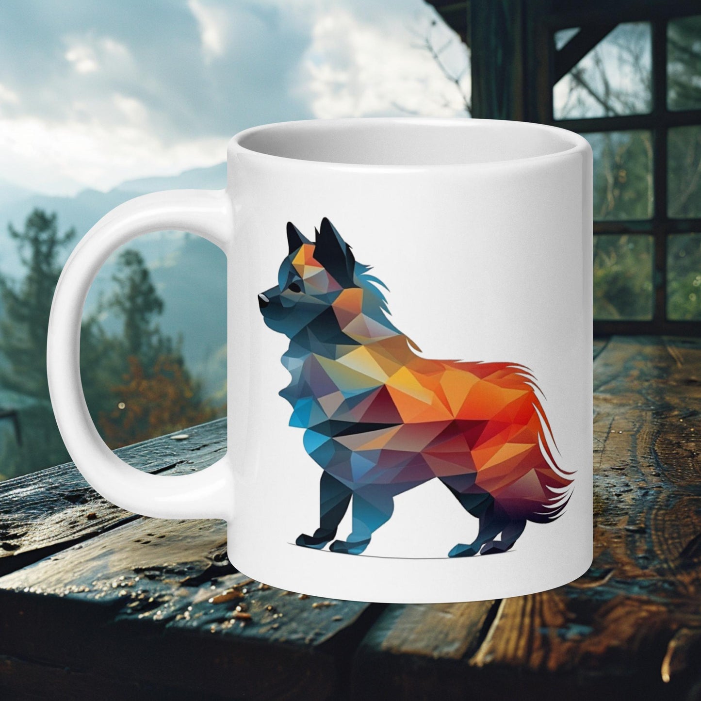 Geometric Lapphund mug with a vibrant abstract design, ideal for adding a modern touch to your daily coffee or tea.