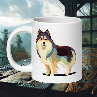 Ceramic mug featuring a detailed Finnish Lapphund illustration, perfect for Finnish Lapphund owners and dog lovers.