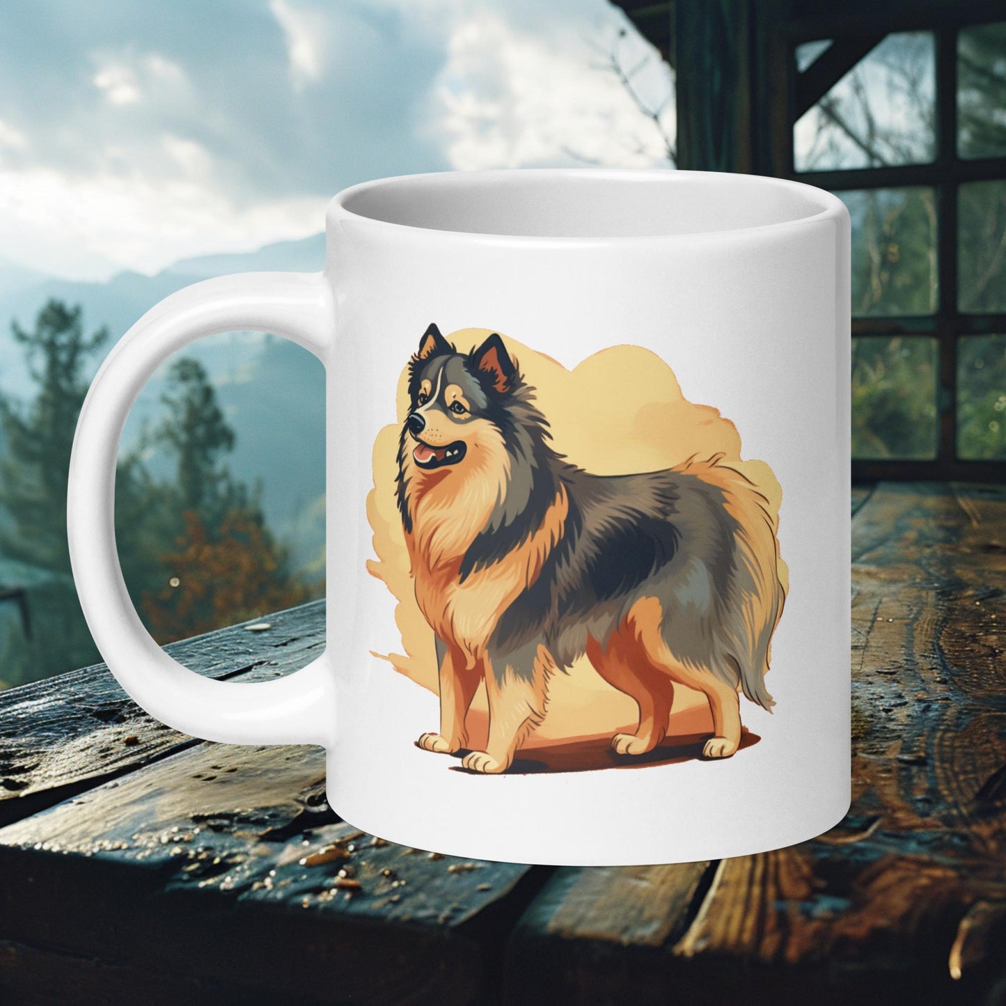 Ceramic mug featuring a Finnish Lapphund illustration with a warm sunset background, perfect for Finnish Lapphund owners and dog lovers.