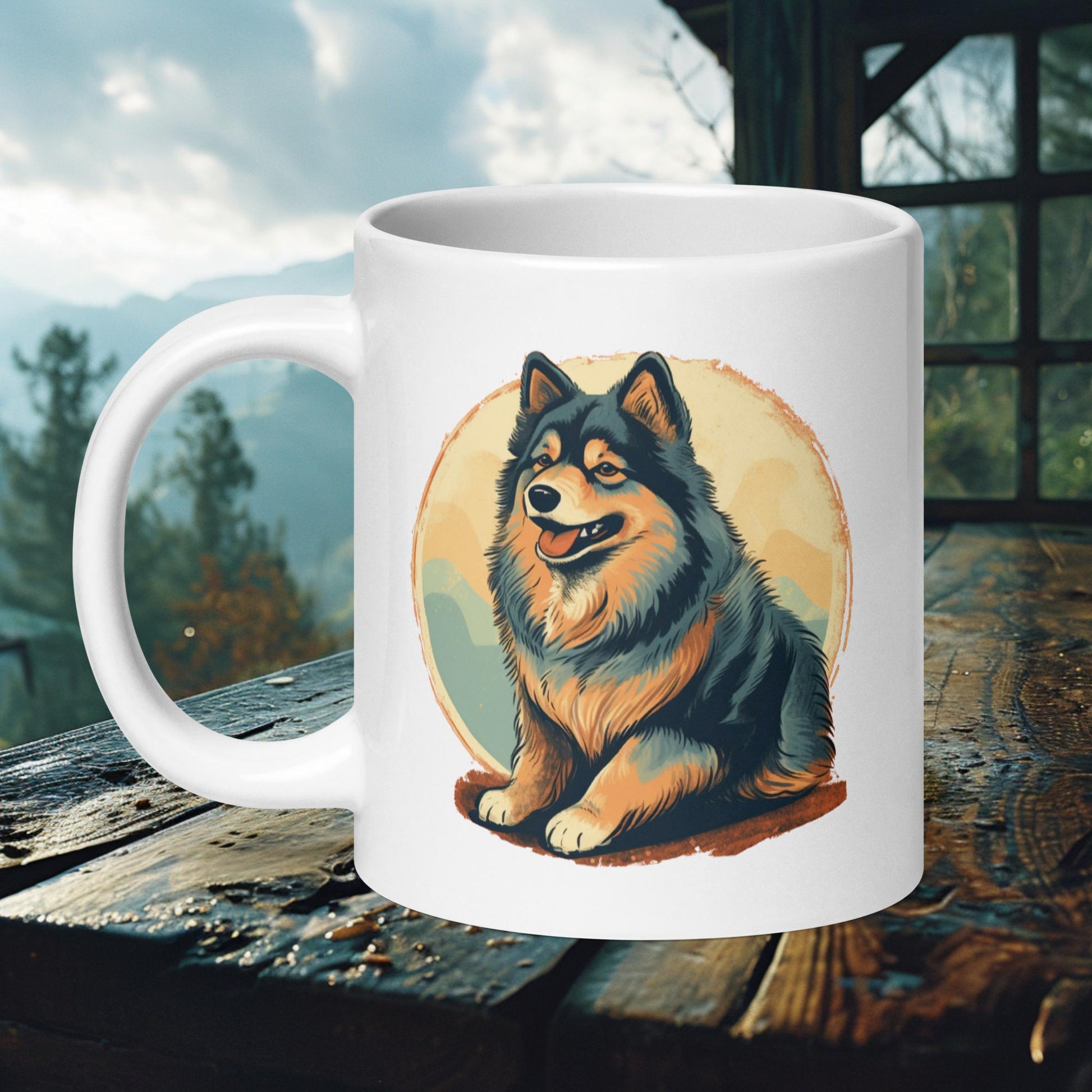 Ceramic mug featuring a proud Finnish Lapphund in a retro-inspired nature scene, perfect for dog lovers and outdoor enthusiasts.