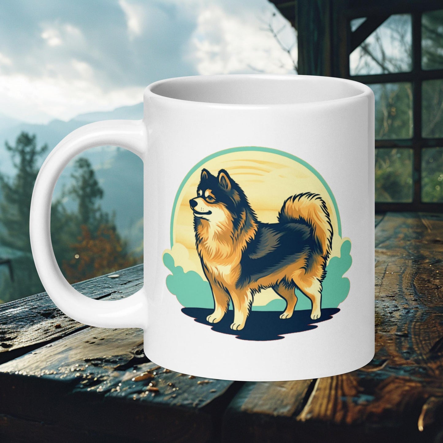 Ceramic mug featuring a proud Finnish Lapphund in a retro-inspired nature scene, perfect for dog lovers and outdoor enthusiasts.